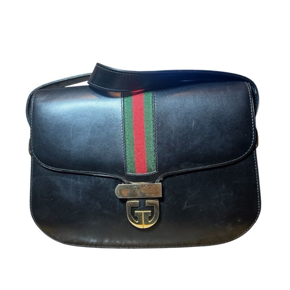 Gucci Vintage Black Leather Sherry Line Web Shoulder Bag Auth